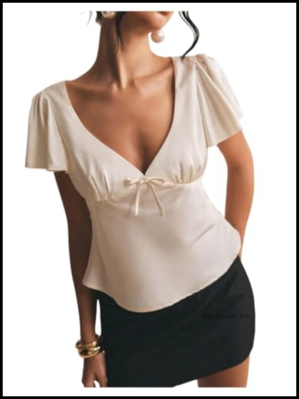 Satin Deep V Ruffle Sleeve Peplum Babydoll Blouse